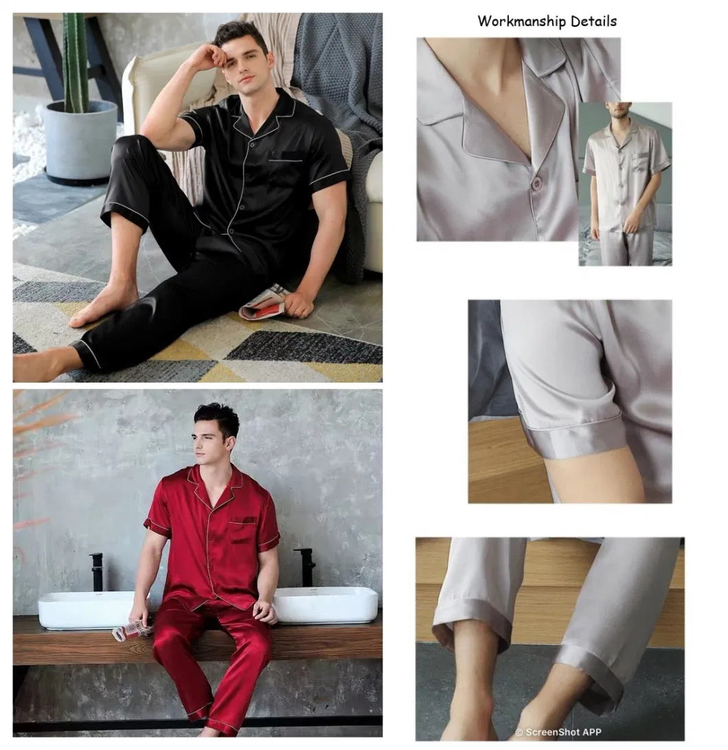 Custom Men′s 2 Piece Pure Silk Pajama Top and Bottoms with Short Sleeves